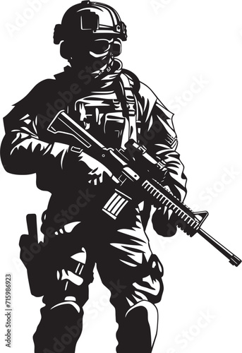 Tactical Guardian Iconic Design Depicting a Vigilant Soldier with a Gun in Bold Black Urban Warfare Enforcer Sleek Vector Illustration of a Soldier with a Gun in a City Setting