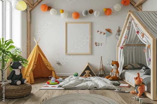 Mock up frame in unisex children room interior background, 3D render
