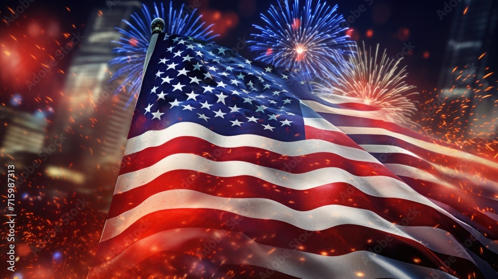 American flag with glitter bokeh background and fireworks. independence day, 4th of july