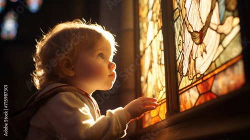 baby's first communion in church. a child prays near a stained glass window. faith Hope. kid folded his hands in prayer