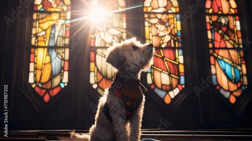 dog in church. a puppy prays near a stained glass window. faith hope. animal folded his hands in prayer