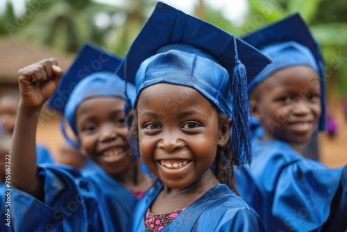 Kids in blue caps, fists up, celebrating educational milestone.