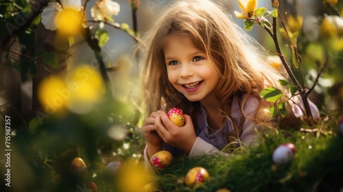 Happy Easter. the child is looking for painted eggs in the grass on a sunny day. happy childhood