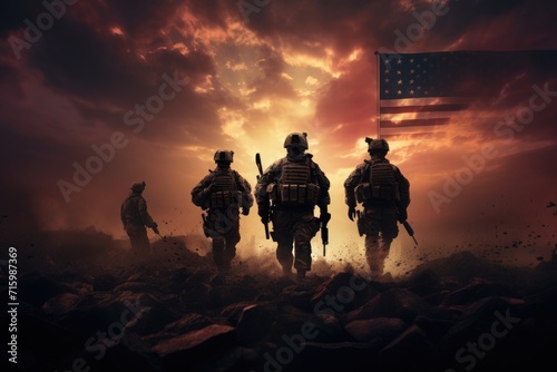American soldiers against the backdrop of sunset and the usa flag. war and independence day. victory and patriotism © Svetlana