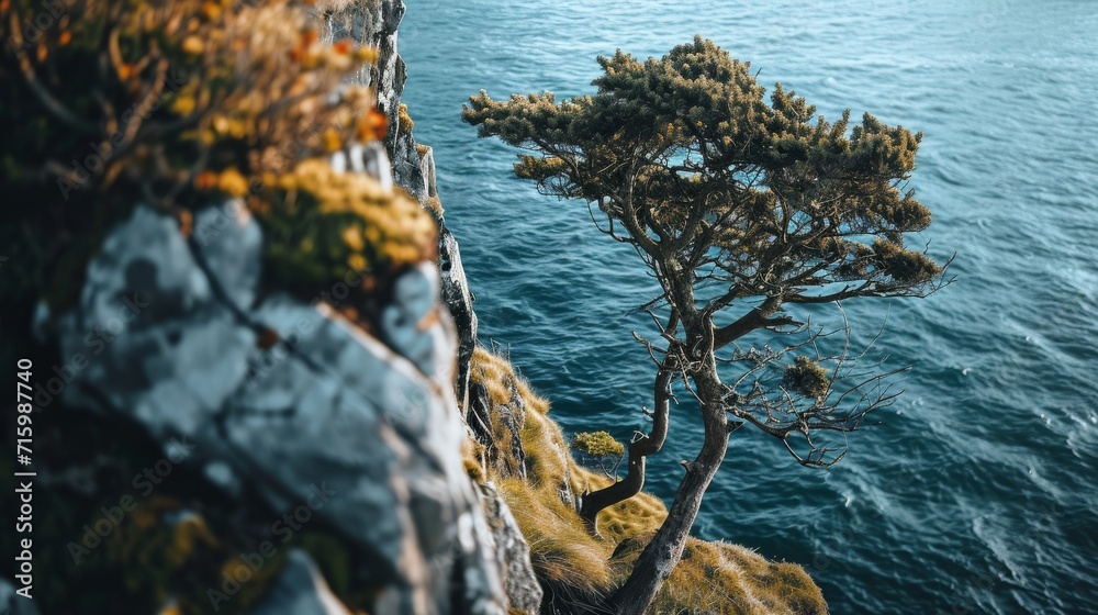 A cliff with a tree overlooking the ocean A cliff with a tree overlooking the ocean