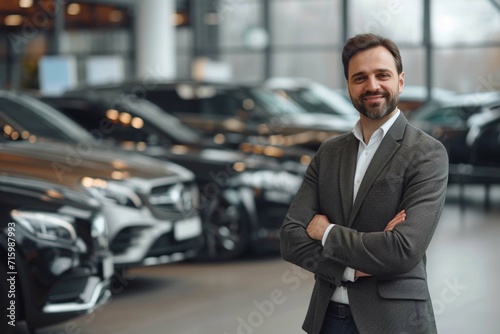 Professional luxury car salesman in luxury showroom. Smiling salesman in showroom. Expensive car. Car dealer business. Automotive industry. Luxury car agent. Auto dealership office © Khalif