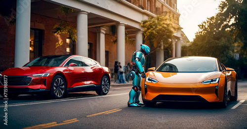 Robot standing next to car on street next to building. photo