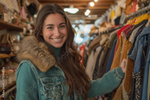 A woman with long brown hair beams as she examines a fur-lined hooded garment in a well-lit thrift shop photo