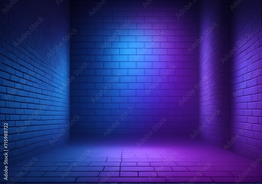 background with wall, Brick wall texture pattern, blue, and purple background, an empty dark scene, laser beams, neon, spotlights reflection on the floor, and a studio room