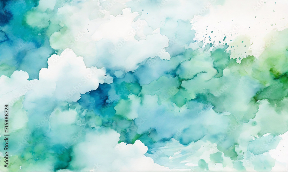 abstract background, blue green and white watercolor background with abstract cloudy sky concept with color splash design and fringe bleed stains and blobs