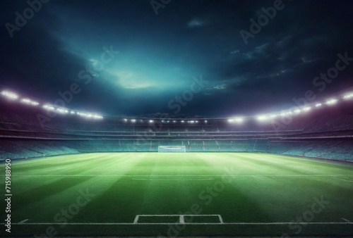 Football field illuminated by stadium lights, real. Perfect composition, beautiful detailed ,empty green grass playground, grand sport building digital 3D background advertisement background