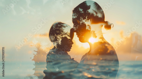 Double exposure portrait of a family blended with a tranquil beach nature background