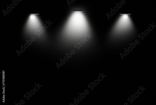 spotlight on stage, dark background, three lights in the dark from the top. Abstract dark background. Space for product presentation, studio shot, photorealistic, high resolution image  
