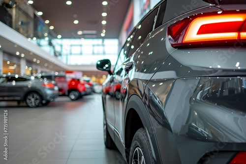 Selective focus grey car parked in luxury showroom. Car dealership office. New car parked in modern showroom. Car for sale and rent business concept. Automobile leasing and insurance background. © Khalif