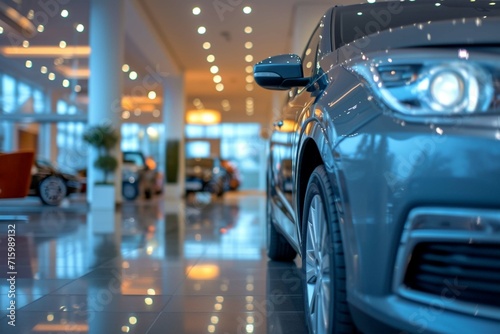 Selective focus grey car parked in luxury showroom. Car dealership office. New car parked in modern showroom. Car for sale and rent business concept. Automobile leasing and insurance background. © Khalif