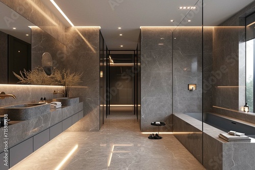 sleek grey marble bathroom with LED lighting, double vanity, and freestanding tub