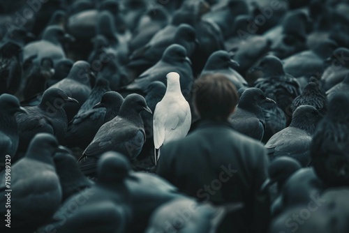 Standing out from the crowd , white bird standing between man gray birds, Generative AI illustration