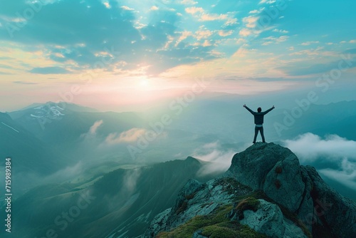 Success of a lifetime , reaching goals and overcoming the impossible concept with business man celebrating on mountain top, Generative AI illustration