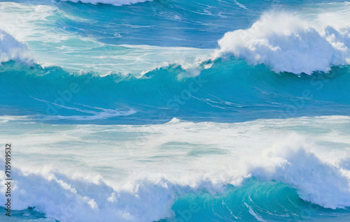 ocean breaks on shore,   Beautiful panoramic sea scape with surf waves. Beautiful sea. Ai generated image. The rhythmic breaking of ocean waves against the shore, a timeless and calming heartbeat © Евгения Жигалкина