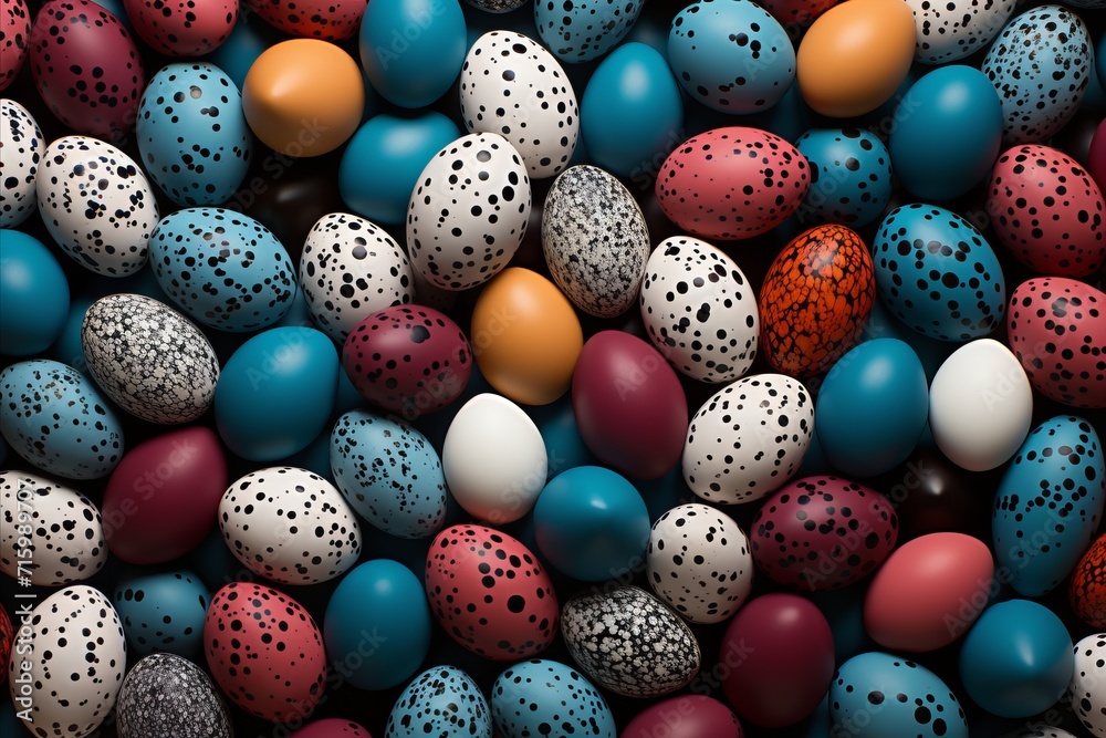 Multi-colored chicken eggs with shiny patterns are laid out on the table. Easter concept.