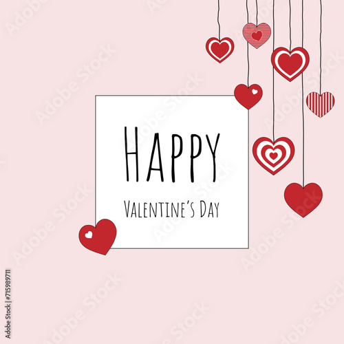 Happy Valentine’s Day - Schriftzug in englischer Sprache - Alles Gute zum Valentinstag. Quadratische Grußkarte mit hängenden Herzen und rosafarbenem Rahmen.