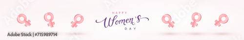 Women's Day greeting header or banner with woman 3d pink flying paper female symbols. Vector 8 March international holiday poster template