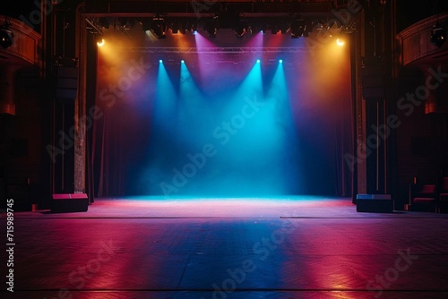 Theater stage light background with spotlight illuminated the stage for opera performance. Stage lighting. Empty stage with bright colors backdrop decoration. Entertainment show photo