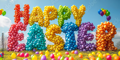 Colorful Happy Easter text with air balloons outdoor 