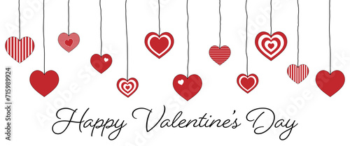 Happy Valentine’s Day - Schriftzug in englischer Sprache - Alles Gute zum Valentinstag. Grußkarte mit hängenden Herzen.