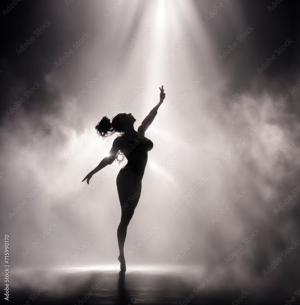 silhouette of a dancing lady, silhouette of a ballerina on stage in smoke and dramatic light, Website, game template. Computer, laptop wallpaper, backdrop. Design for landing, AI generated