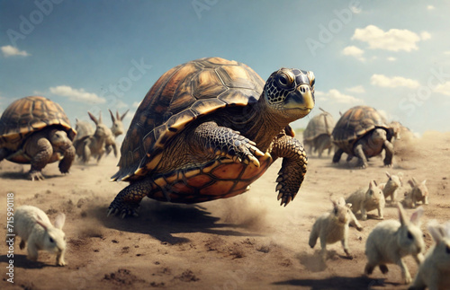 turtle on the beach, Turtle running in a race leading a large group of rabbits, in strategy and determination concept, racing to che k who is faster, competition concept, who is stronger and weaker