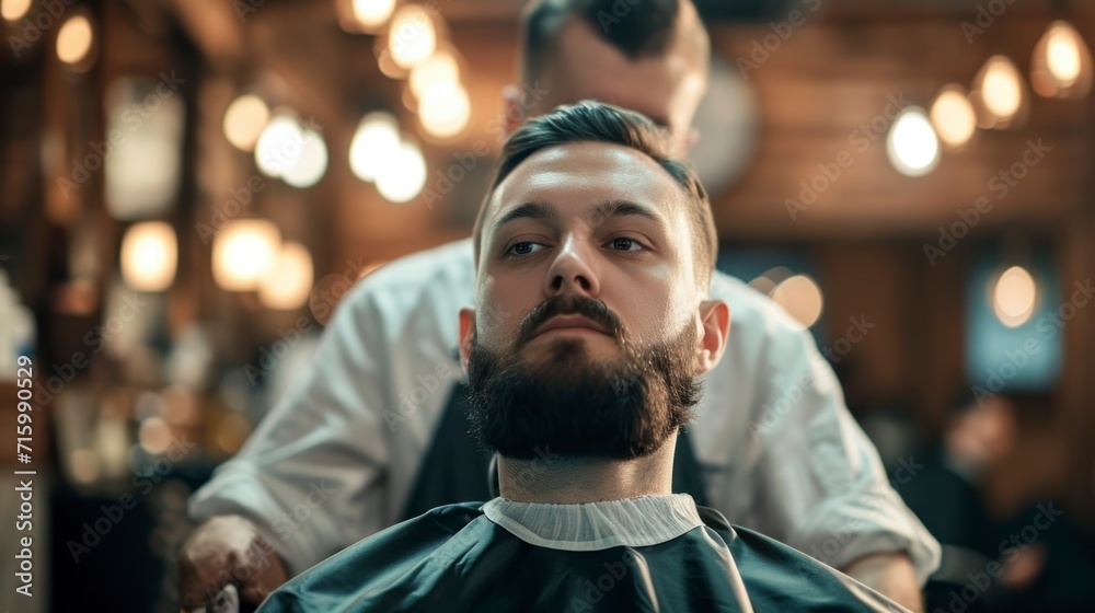 man with a big beard getting a haircut in a with a