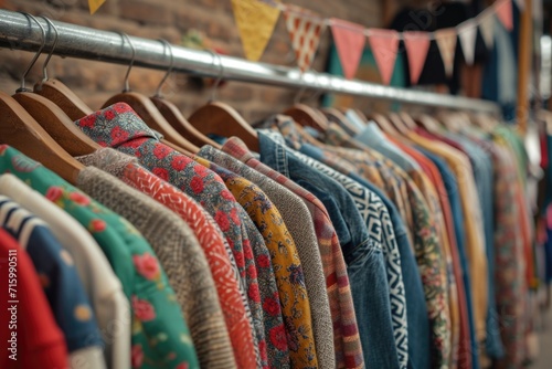 A variety of colorful patterned garments hang neatly on a rack in a cozy boutique setting