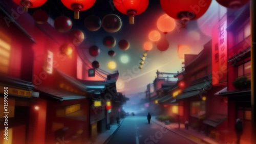 Colorful fireworks at night in chinatown. Loopable. AI generated photo