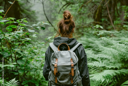 A woman with a backpack facing the lush greenery of a misty forest.