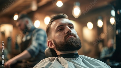 man with a big beard getting a haircut in a barbershop with a professional barber in a nice salon with good lighting in high resolution and quality. haircut and beard concept