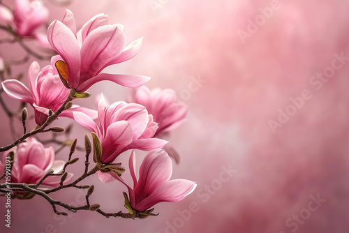 Magnolia branch with blooming pink flowers on soft pastel pink background with copy space © Balica