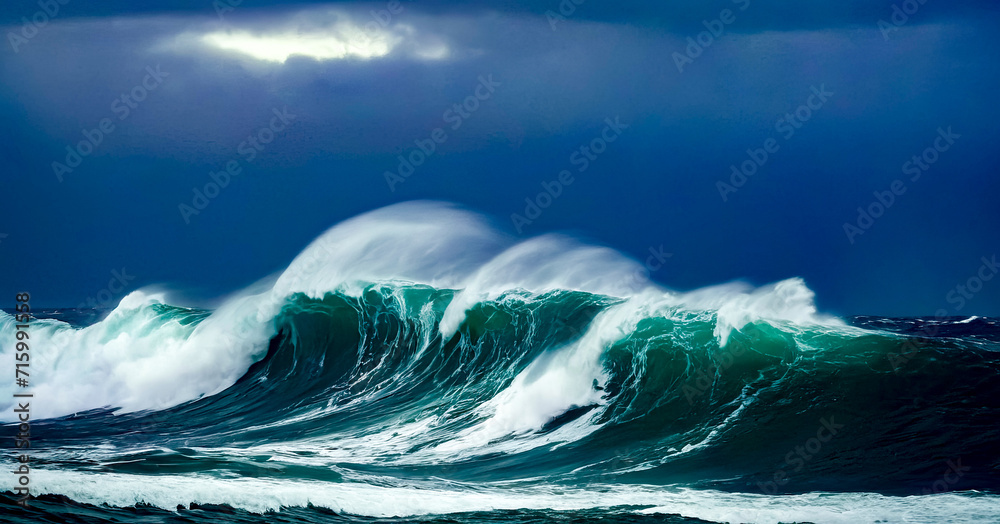 Large wave in the middle of the ocean with dark clouds in the background.