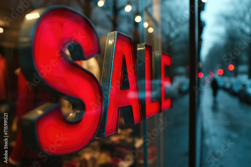 Warm, inviting lights spell out 'SALE' in a shop front, reflecting the bustling street outside.