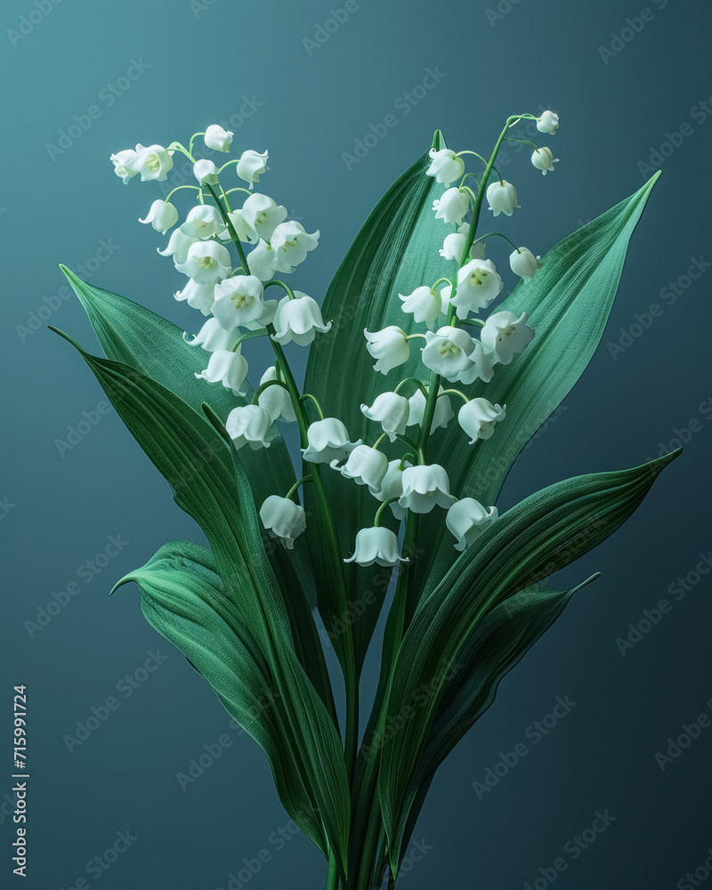 Delicate bouquet white blossoming lilies of the valley on deep blue background