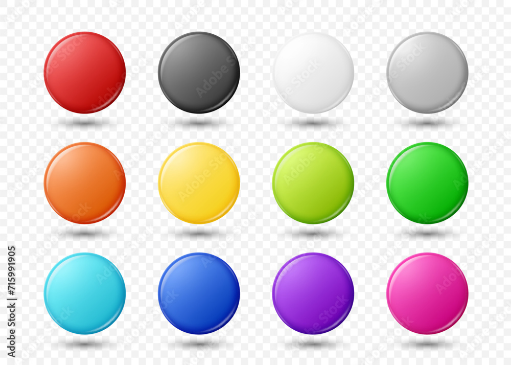 Vector 3d Realistic Blank Round Button Badge Set Closeup Isolated on a White Background. Button Badge Collection, Different Colors, Plastic or Metal ID Badge Design Template, Mockup. Front View Vector 3d Realistic Blank Round Button Badge Set Closeup Isolated on a White Background. Button Badge Collection, Different Colors, Plastic or Metal ID Badge Design Template, Mockup. Front View