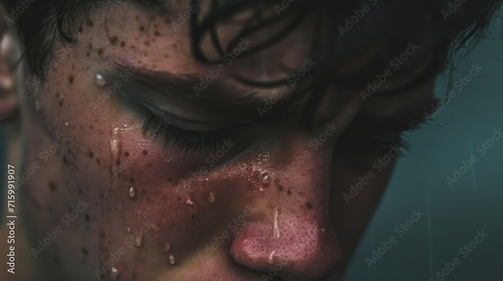 Capturing the raw vulnerability of human flesh, a closeup of a person's face glistens with water droplets, each one reflecting the intimate details of their skin and delicate eyelashes