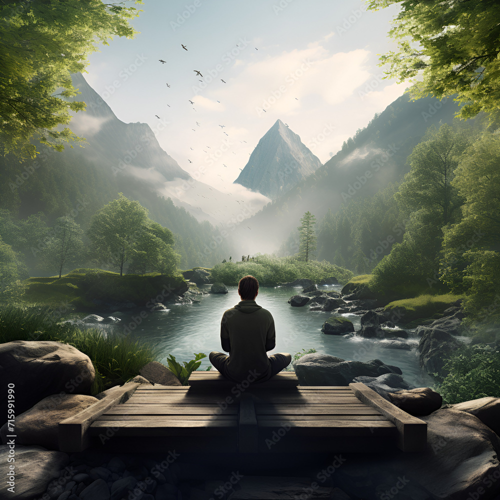 A man practicing mindfulness and meditation in a peaceful natural environment - obrazy, fototapety, plakaty 