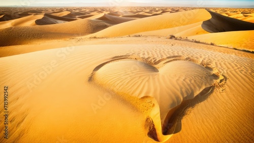 Golden big heart on the sand in the desert. The concept of love for travel and warm countries. Valentine's Day