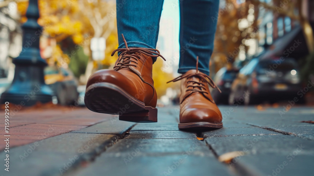 Close-up of a man's feet walking in the city Close-up of a man's feet walking in the city