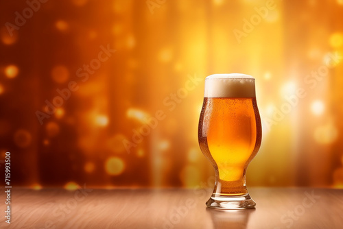 A cold beer glass with frothy head against a warm bokeh background.