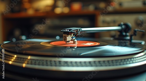 close up of an record player, a record player with a record in the foreground and a blurry background of a record player's turntable
