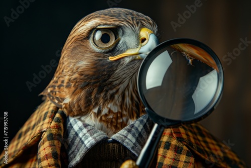 A majestic accipitridae perches on a branch, its piercing eyes focused through a magnifying glass, revealing the intricate details of the outdoor world photo