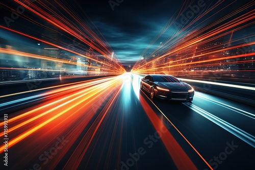 Abstract sport car in motion speed light in city. Fast moving car with shining glowing urban cityscape blurred lights