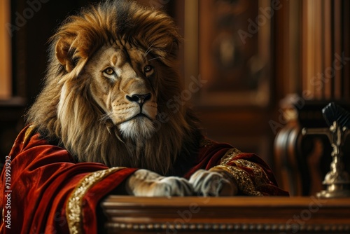 A majestic masai lion draped in a regal red robe  its powerful presence exuding from its luxurious fur as it sits poised and dignified indoors like a true king of the animal kingdom